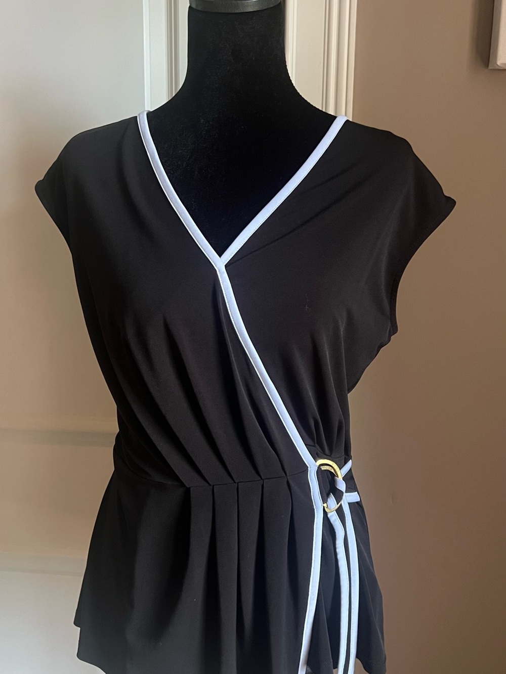 Michael Kors Black Top with Light Blue Trim and Gold-Tone Ring